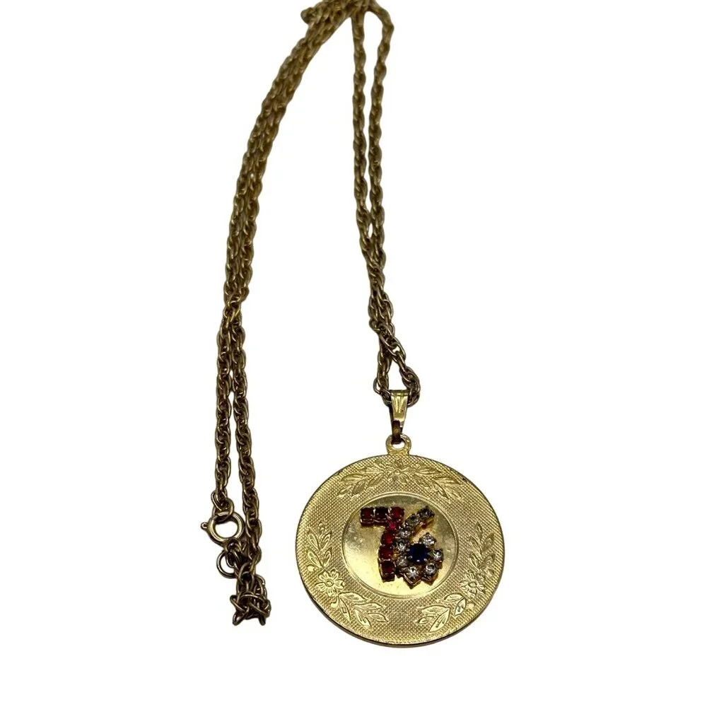Vintage 1976 Medallion Gold Tone Red White Blue Stones 24" Chain Necklace - Picture 1 of 6